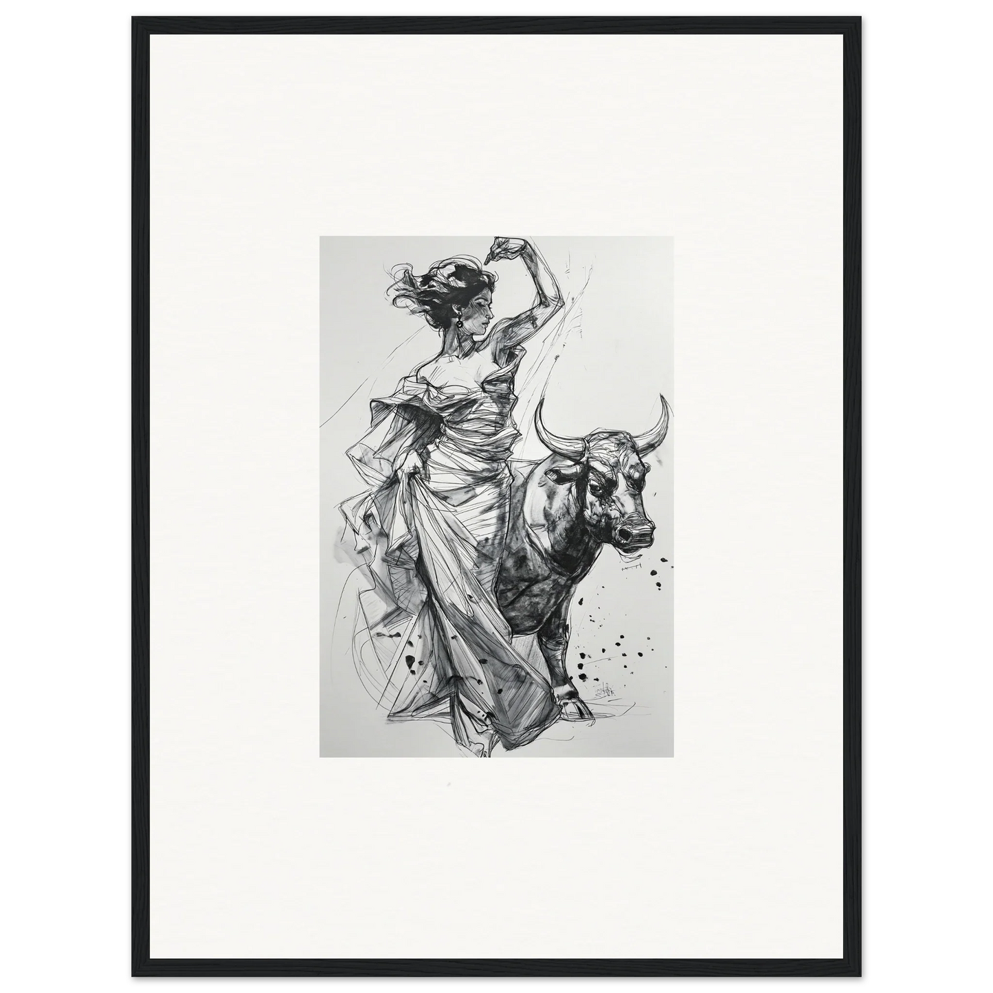 Black and white sketch of a dancing figure and bull from Tauripe Mystique Visions