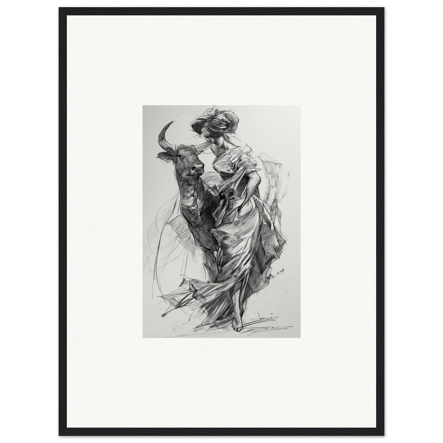 Dynamic black and white sketch of a bullfighter and bull from Ebullient Abstract Liaisons