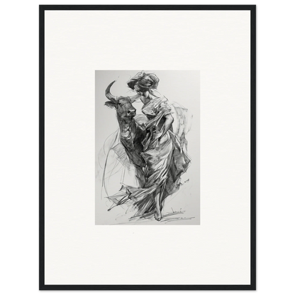 Dynamic black and white sketch of a bullfighter and bull from Ebullient Abstract Liaisons