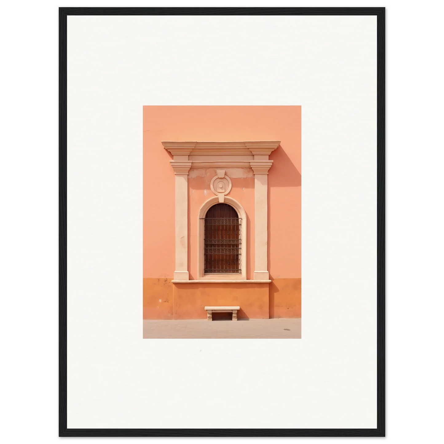 Ornate arched window on peach wall in Silent Sunset Oblique framed wall art