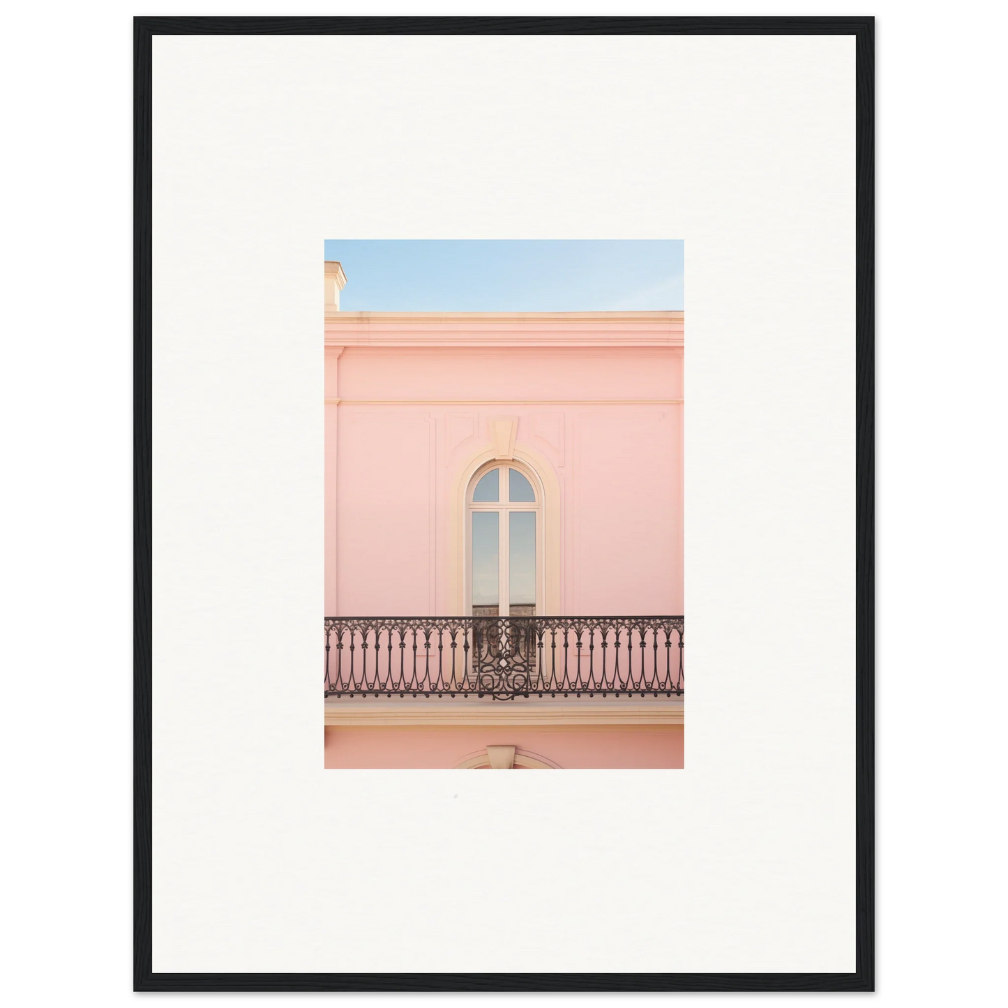 Arched window with ornate iron balcony on pink wall from Peach Tranquil Portal art