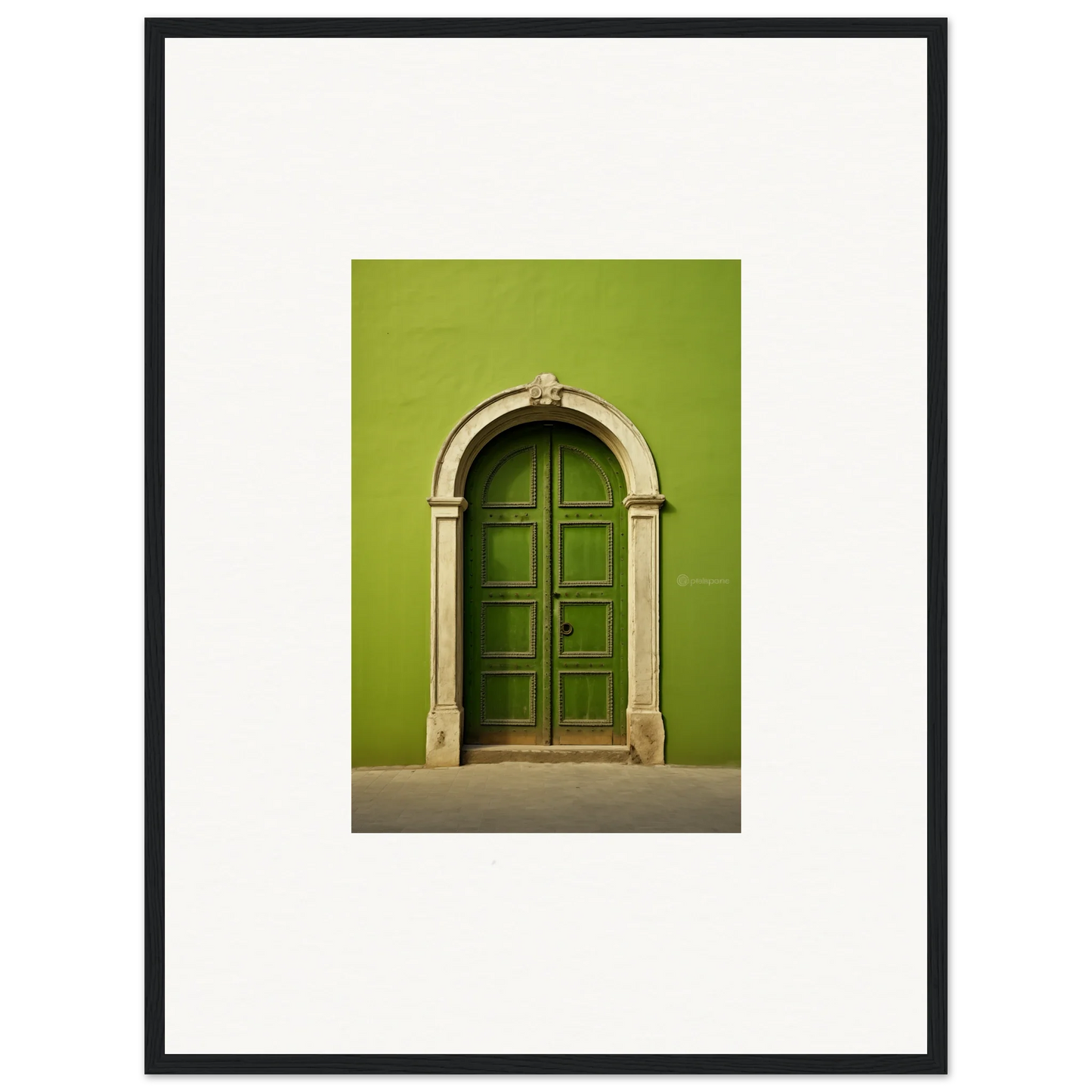 Arched green wooden door with stone trim from Vert Barcode Reverie special edition art™