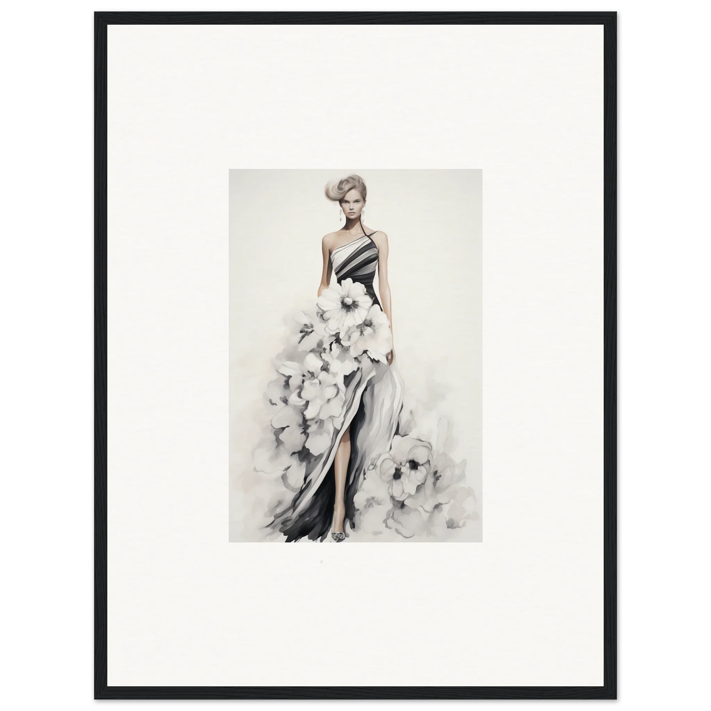 Elegant evening gown fashion illustration from Dreamy Blossom Mirage framed wall art