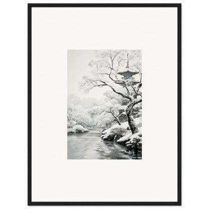 Black and white ink painting of snowy branch over stream in Timeless Snow Fables art™