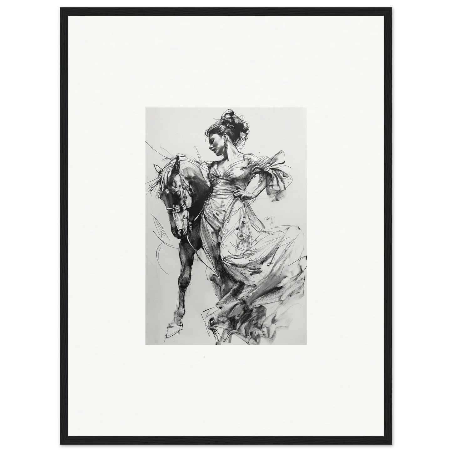 Dynamic black and white sketch of a figure in flowing dress next to horse from Thoughts Unbridled Dance