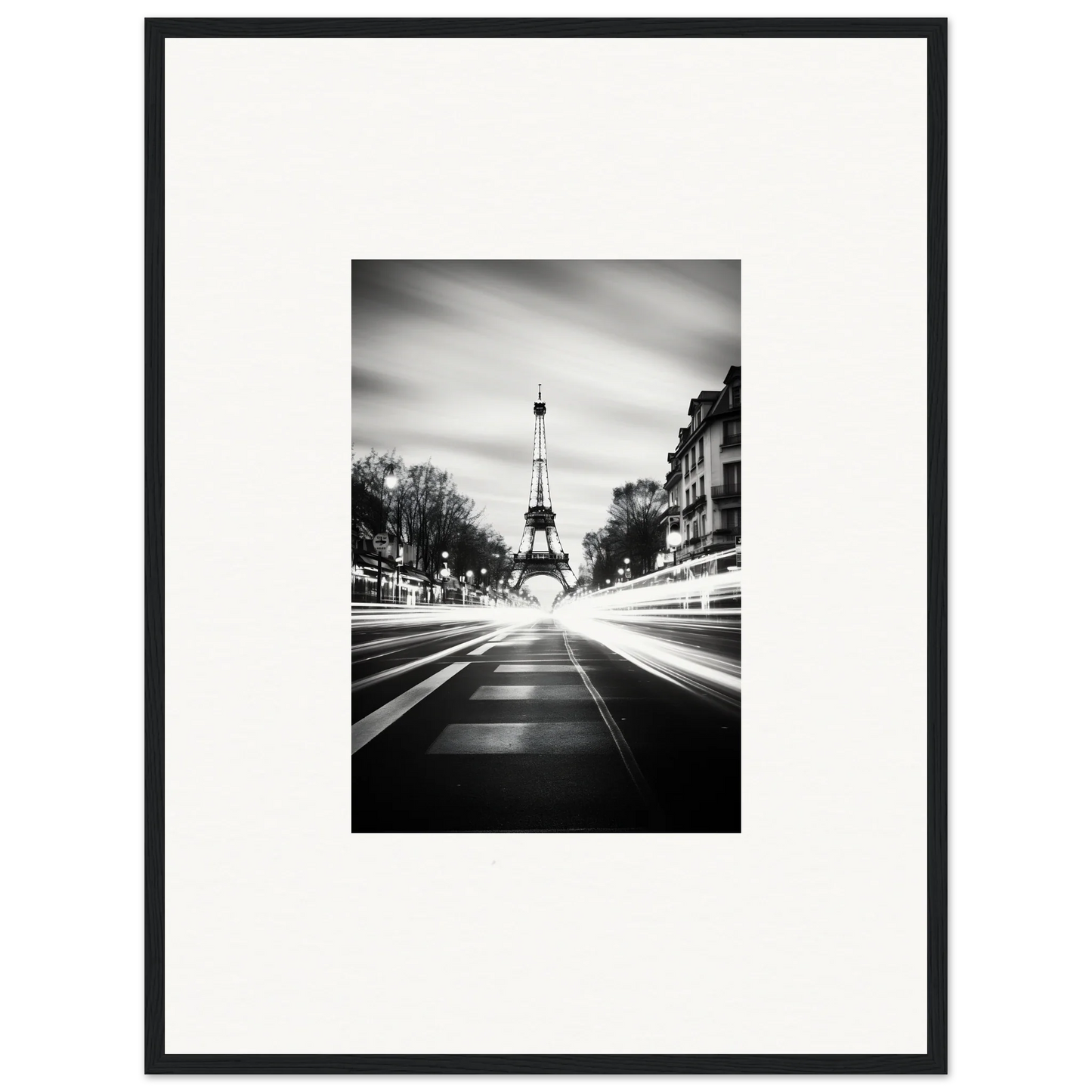 Black and white Eiffel Tower photo with light trails for Synth Wave Elysium framed wall art