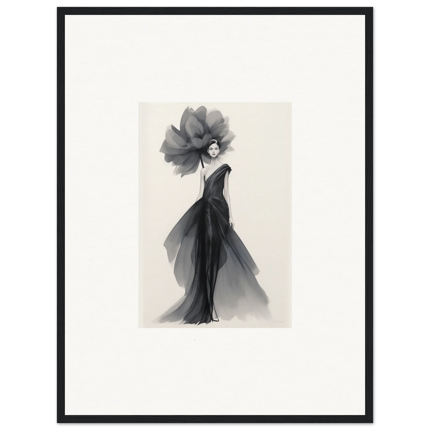 Elegant figure in flowing black gown with floral headpiece, Curtain Bloom Dance special edition