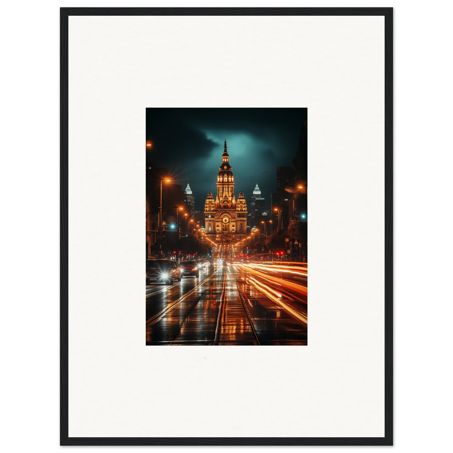 Radiant Urban Reverie framed wall art of historic building lit up on a rainy night