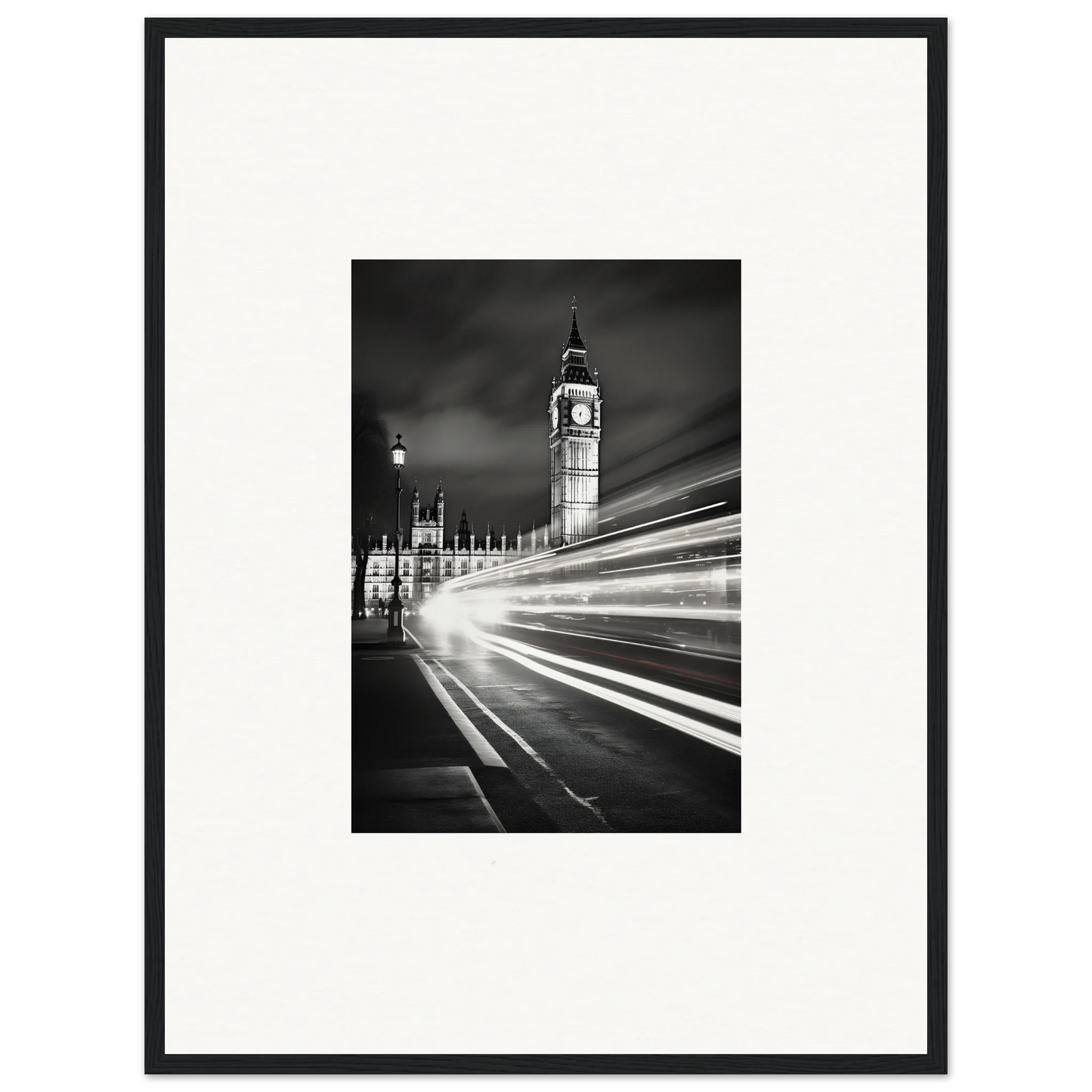 Black and white Big Ben photo with light trails, perfect for premium framed wall art