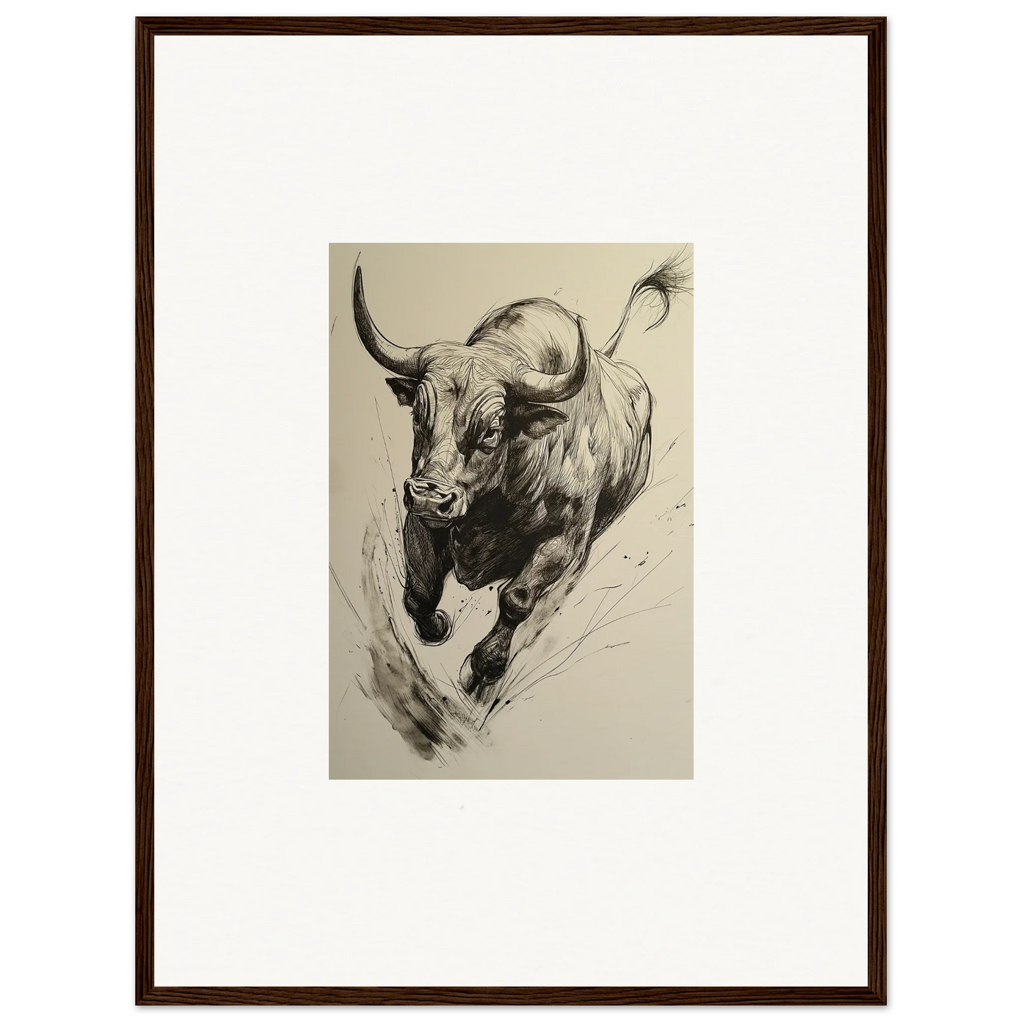 Dramatic black and white Charging Bull in Ebullient Storm Release framed wall art