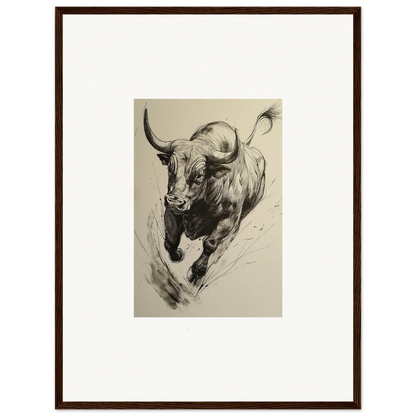 Dramatic black and white Charging Bull in Ebullient Storm Release framed wall art