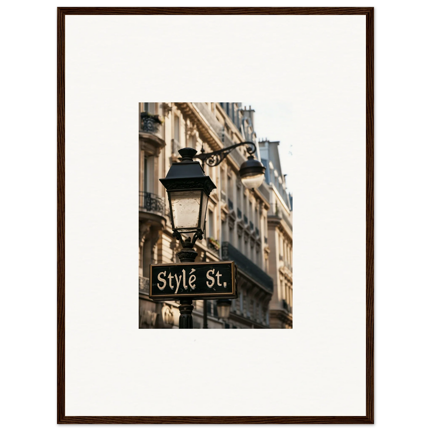 Street sign for Style St under a lamp post in a Parisian scene, perfect wall art