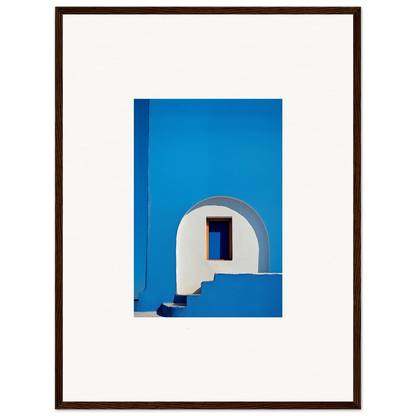 White arched doorway with steps on a blue wall in Doorway of Dreams framed wall art