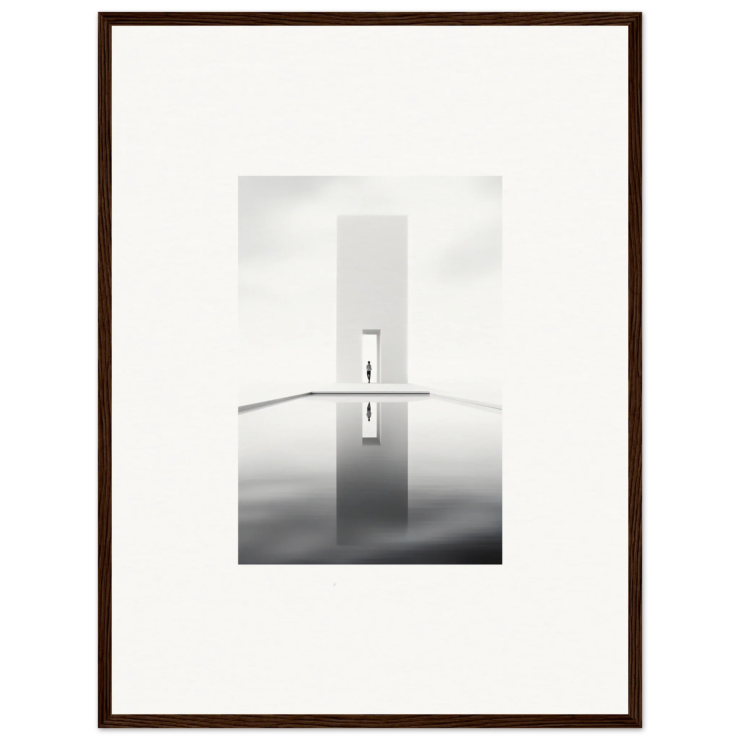 Framed black and white minimalist photo of Dreamer’s Vanishing Silhouette art piece