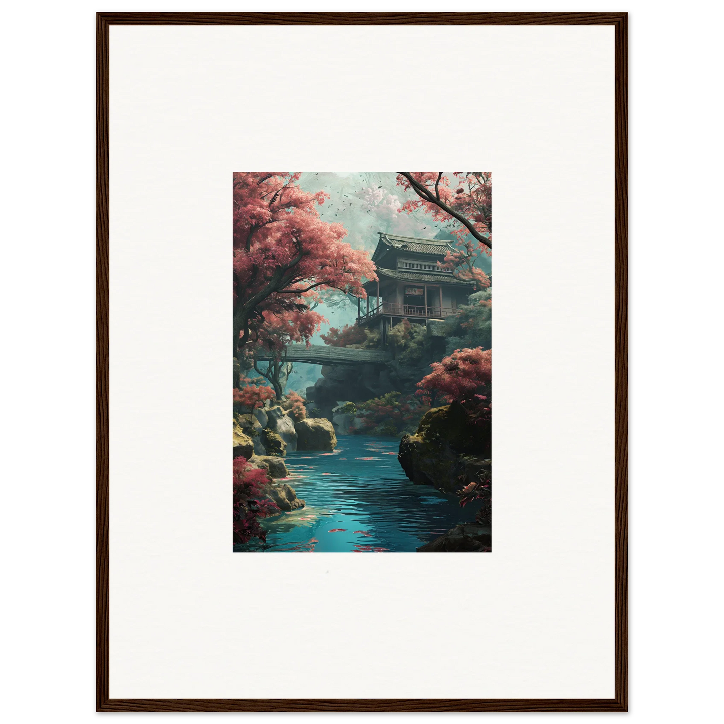 Traditional Japanese pagoda with a stone bridge in Zen Dream Symphony framed wall art