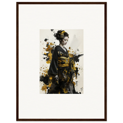 Artistic portrait of a geisha in a kimono with gold splatter for Eclipsed Ukiyo Symphony