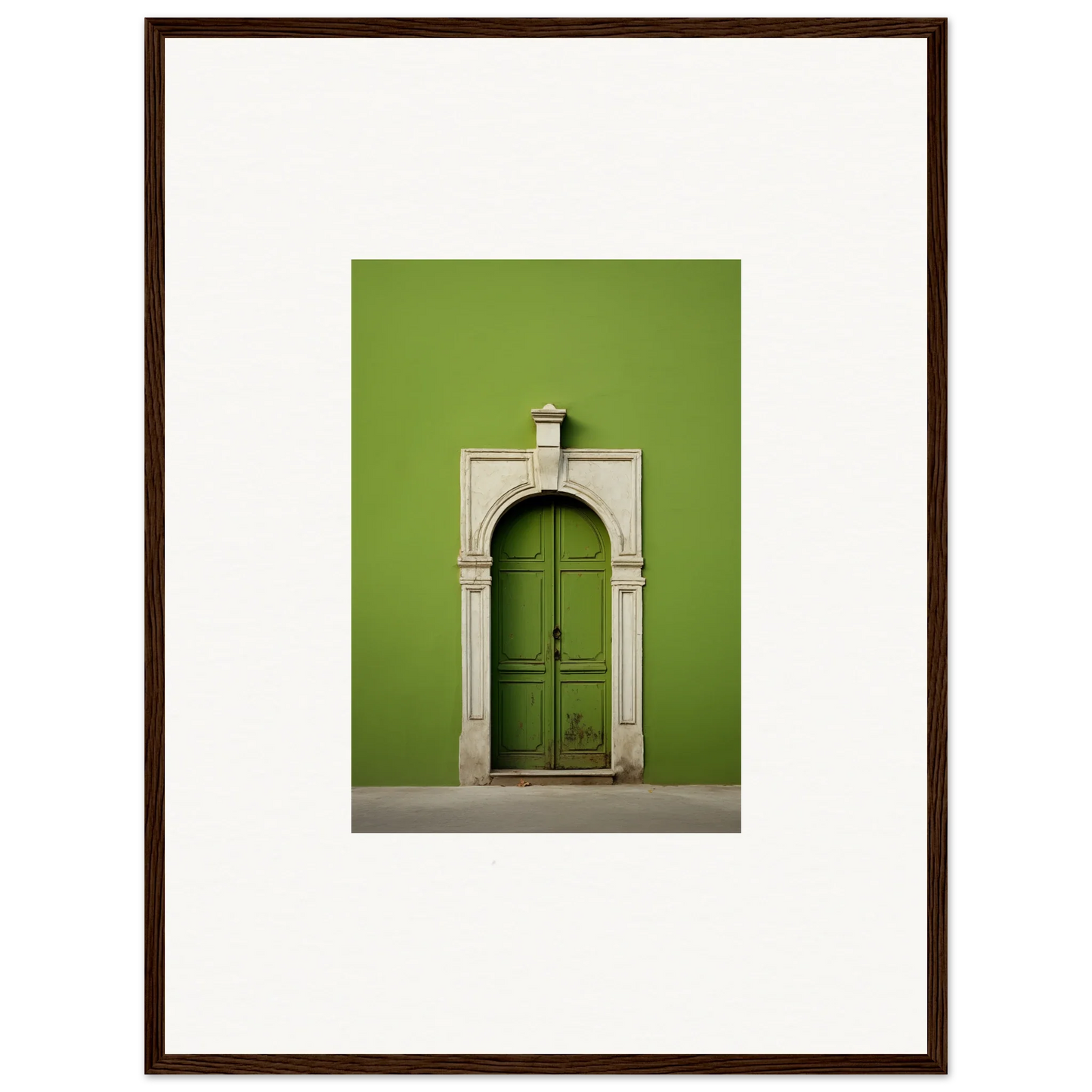 Green wooden door with stone archway in Green Origins premium framed wall art