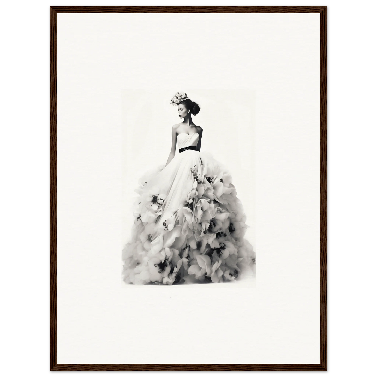 Elegant black and white watercolor of a figure in a flowing ballgown for Dreams Bloom Eternal