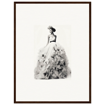 Elegant black and white watercolor of a figure in a flowing ballgown for Dreams Bloom Eternal