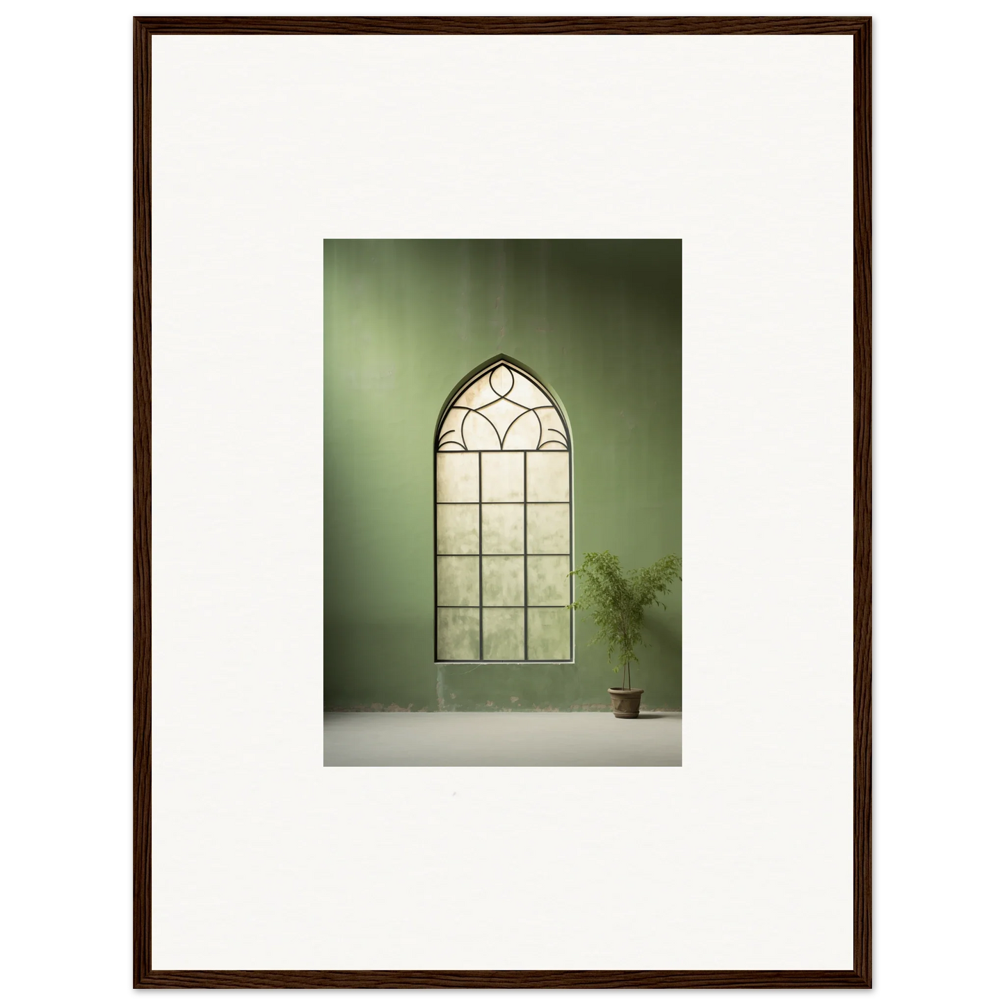 Gothic arched window with leaded glass in Green Crescent premium framed wall art