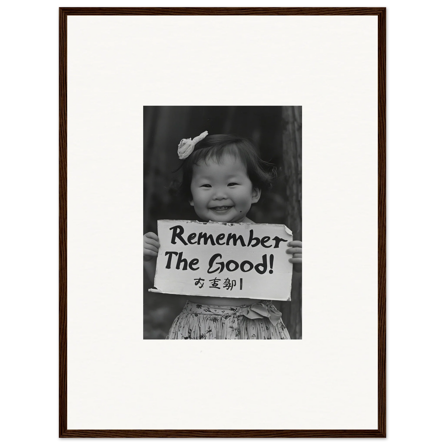 Child holding a Remember The Good sign in Innocent Memory Echoes premium framed wall art