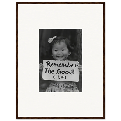 Child holding a Remember The Good sign in Innocent Memory Echoes premium framed wall art