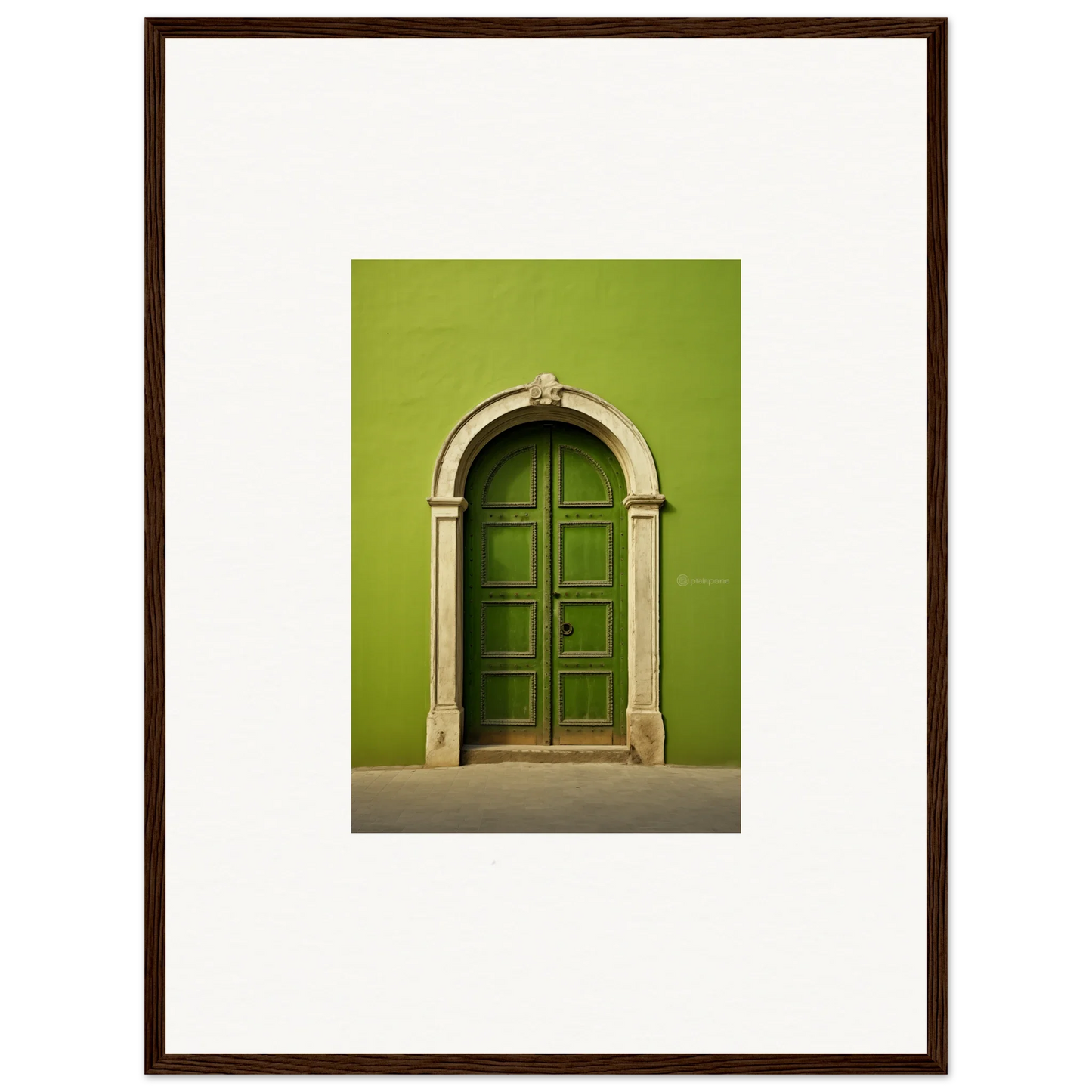 Arched green wooden door with stone trim from Vert Barcode Reverie special edition art™