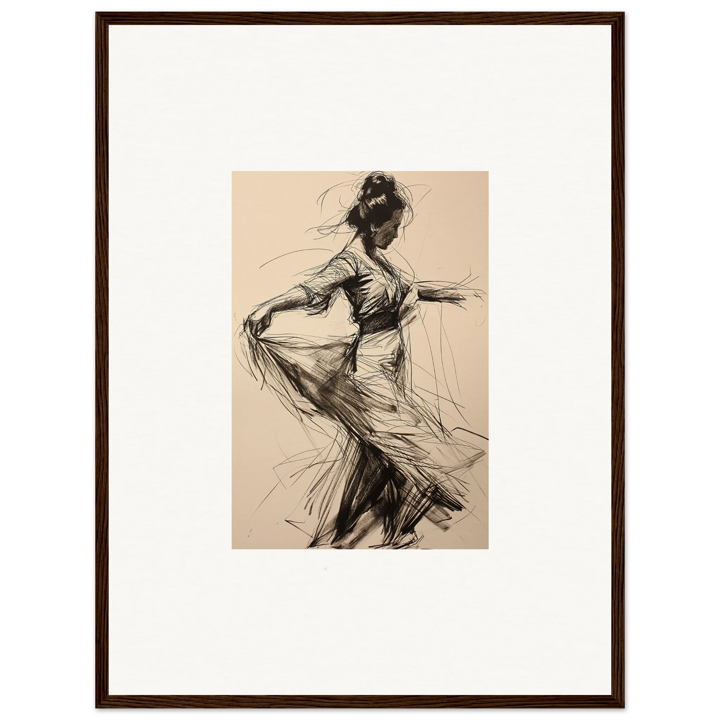 Charcoal sketch of a dancer in flowing dress for Ephemeral Motion Whispers framed wall art