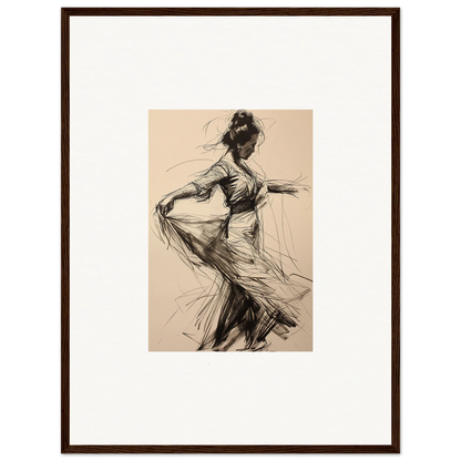 Charcoal sketch of a dancer in flowing dress for Ephemeral Motion Whispers framed wall art