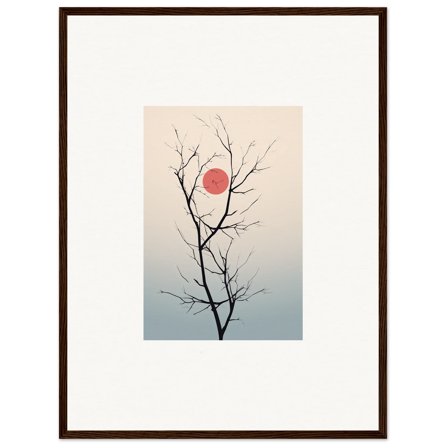 Bare tree branches silhouetted against a pink sun for Serene Eclipse wall art