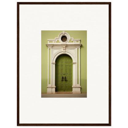 Ornate green door framed in classic white, featured in Verdant Sentry Whispers art™