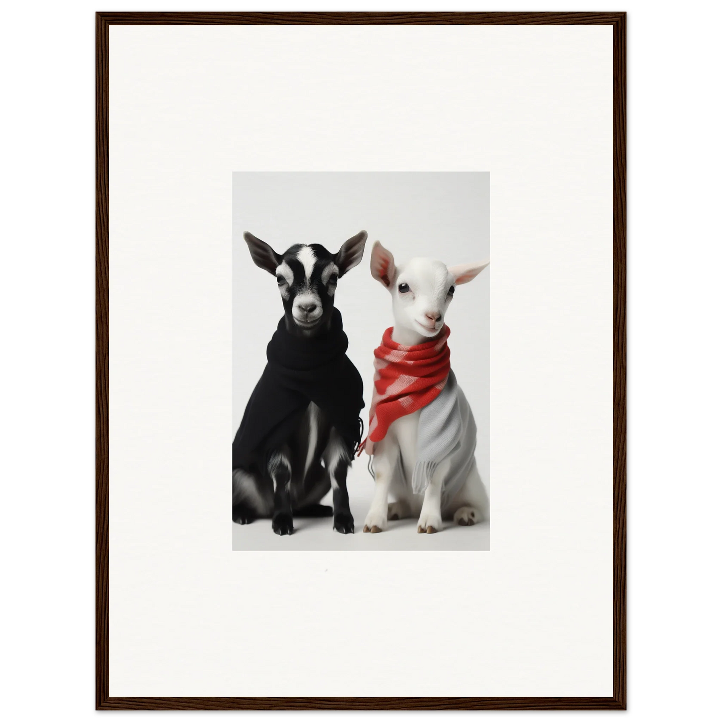 Two baby goats in red bandanas, part of Rainbow Twin Dreams framed wall art