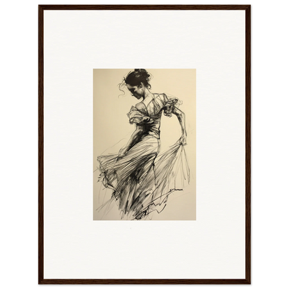 Ethereal Pause Beneath: expressive dancer sketch in flowy dress for framed wall art