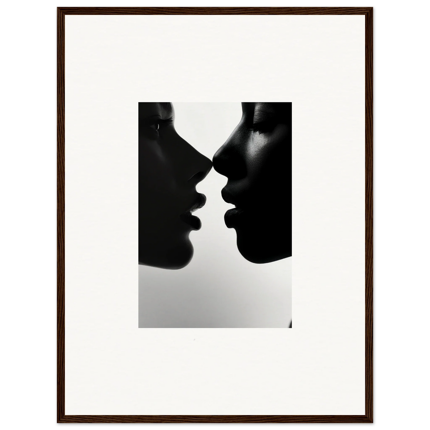 Two silhouetted profiles nearly touching in Narcissus Mirror Haze framed wall art