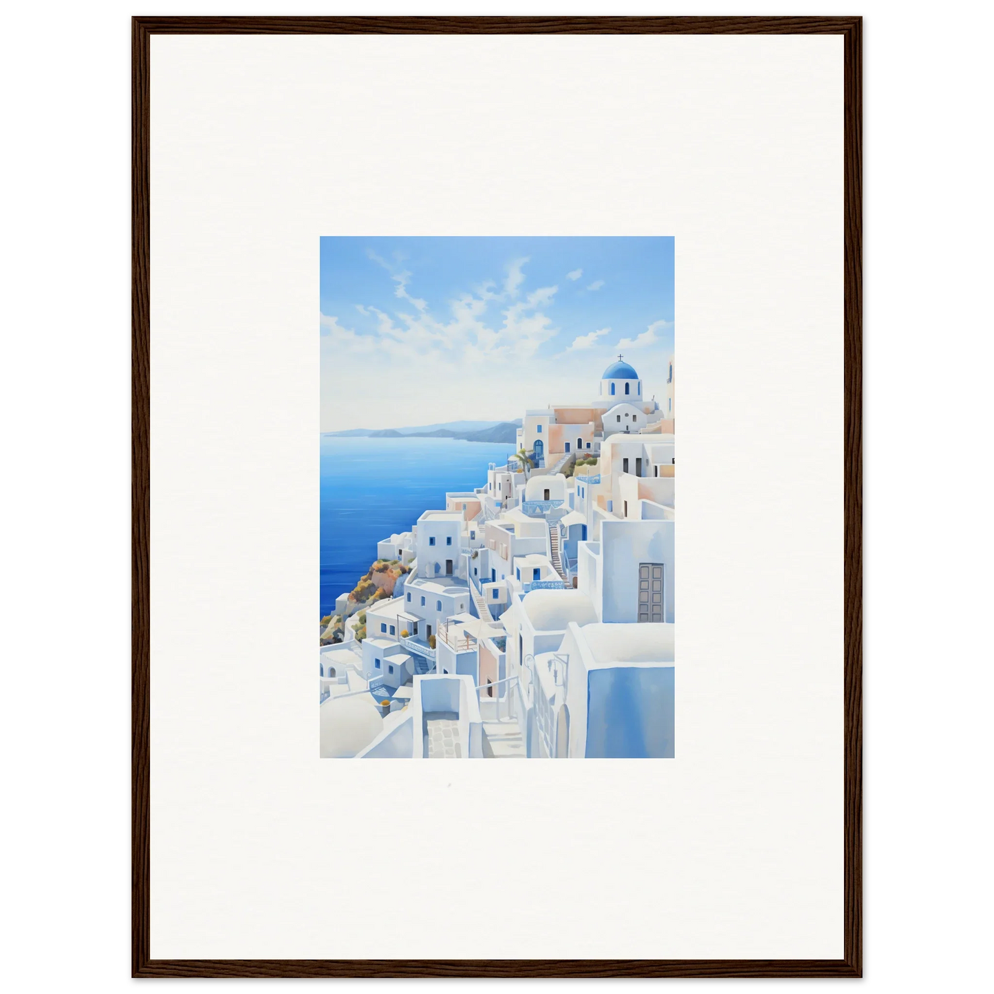 Framed wall art of white buildings with blue domes, Elysian Horizon Vortex design