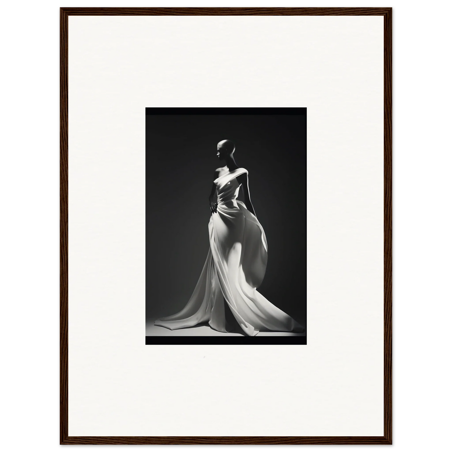 Elegant black and white image of Gossamer Ivory Whispers evening gown with dramatic draping