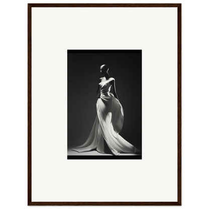 Elegant black and white image of Gossamer Ivory Whispers evening gown with dramatic draping