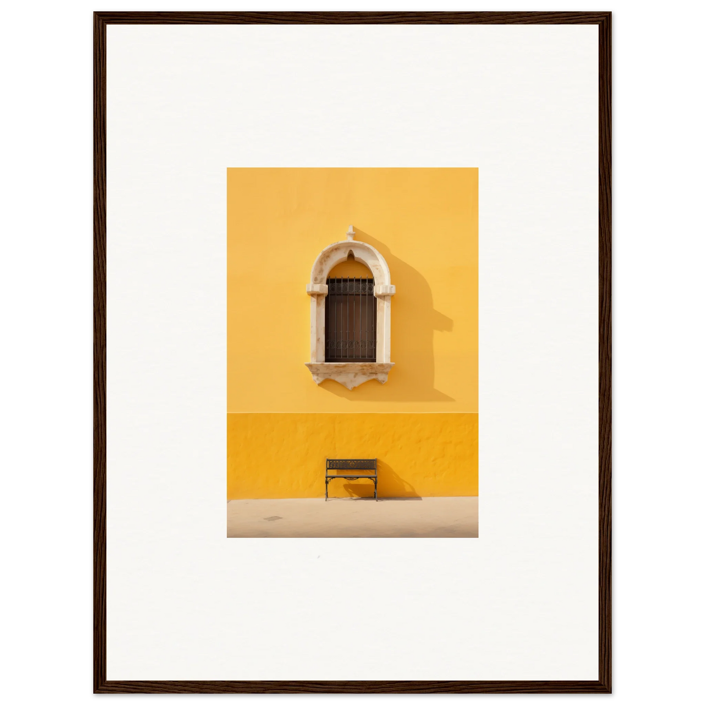 Framed photograph of a yellow wall with an arched window in premium framed wall art from Gapes of Gargoyles