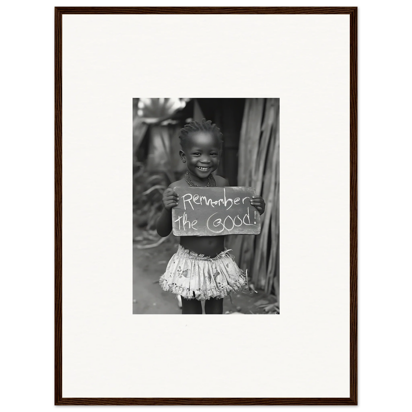 Black and white photo of a child in a lace skirt with Remember the Good sign for Chromatic Joy Ancients