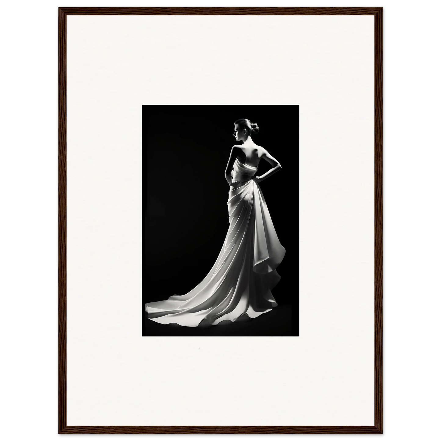 Black and white photo of an elegant evening gown showcasing ephemeral grayscale elegance