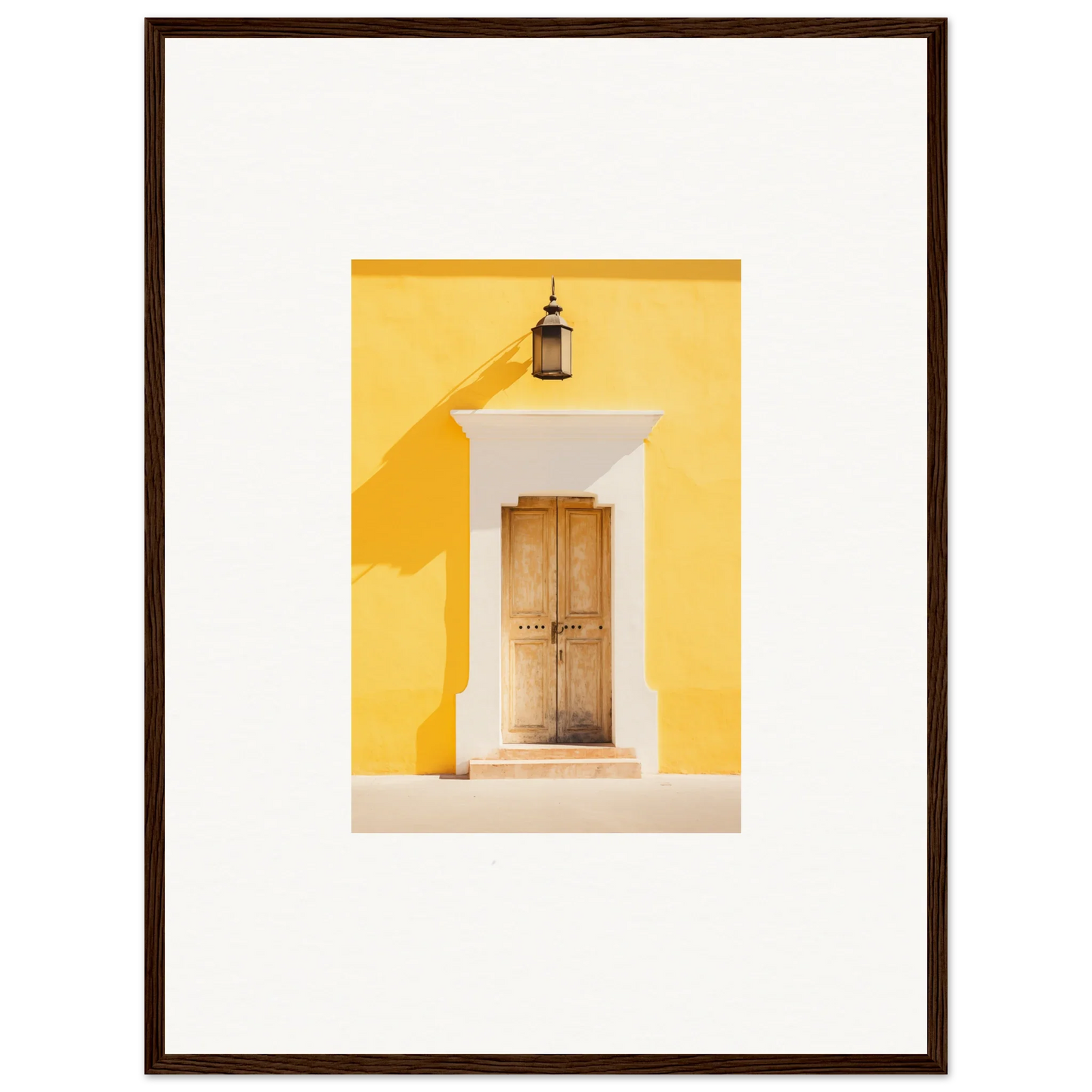 Wooden door with white trim and lantern on yellow wall from Golden Hue Portal art