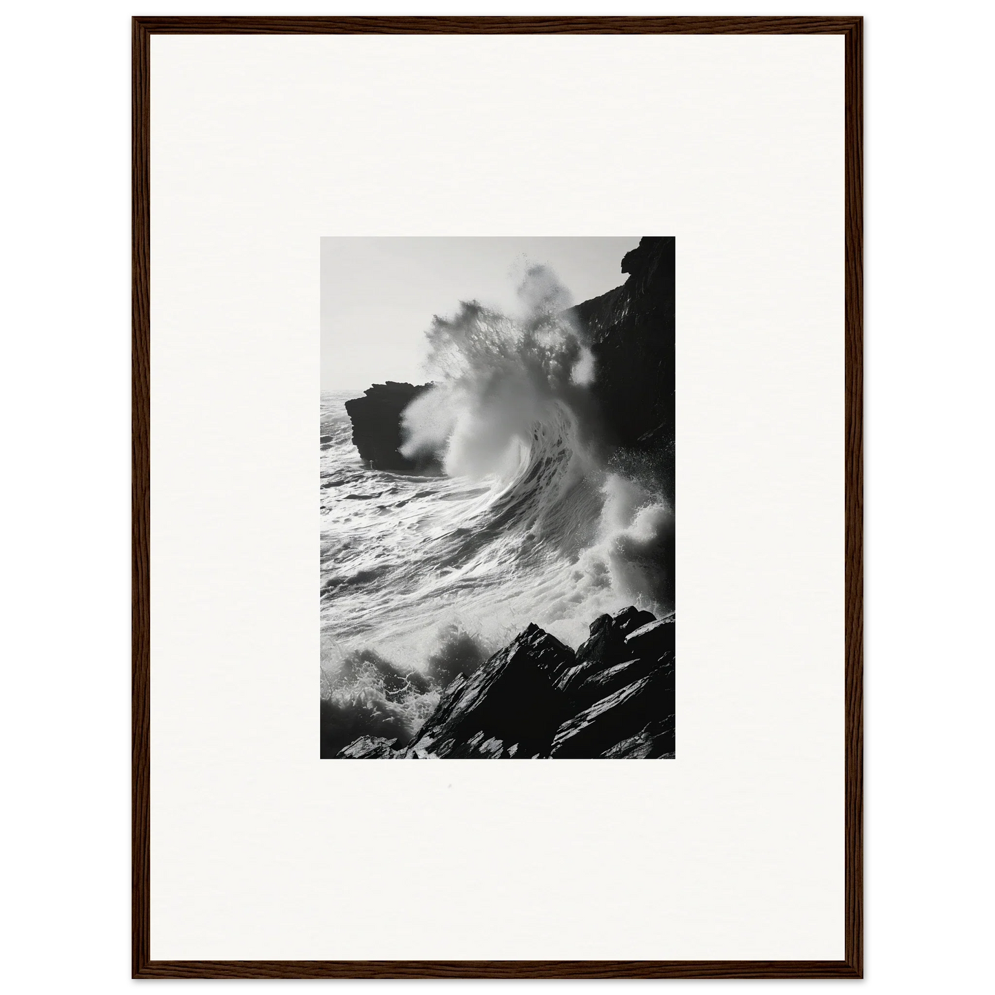 A powerful ocean wave crashes against rocky cliffs in the Incandescent Wave Tribute