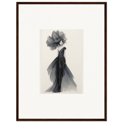 Elegant black watercolor fashion illustration of a gown for Curtain Bloom Dance