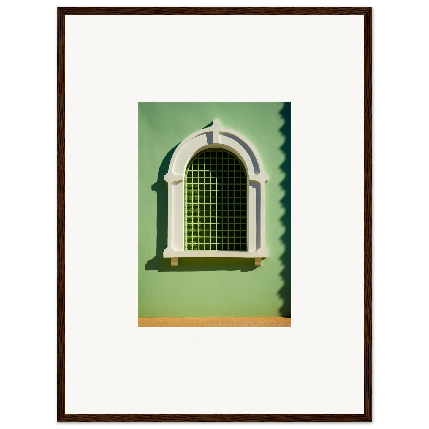 Arched decorative metal grating in white frame of the Visible Equilibrium Window