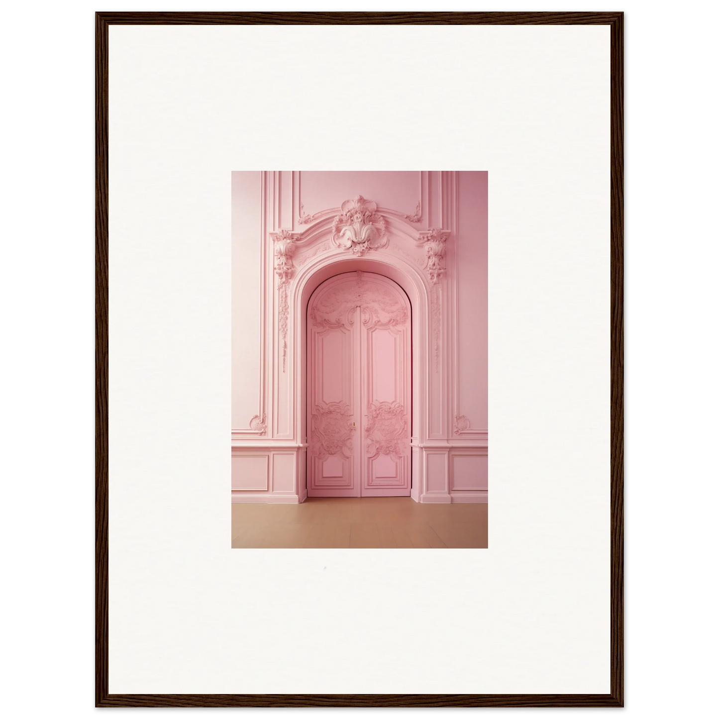 Ornate pink door with carvings in Gentle Whims Myths premium framed wall art