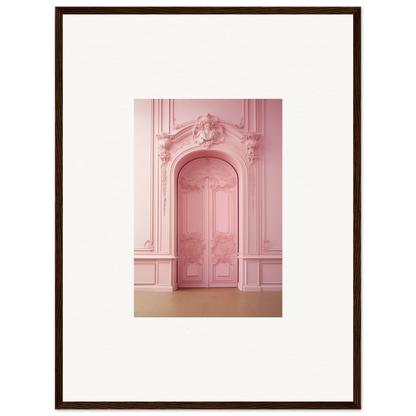 Ornate pink door with carvings in Gentle Whims Myths premium framed wall art