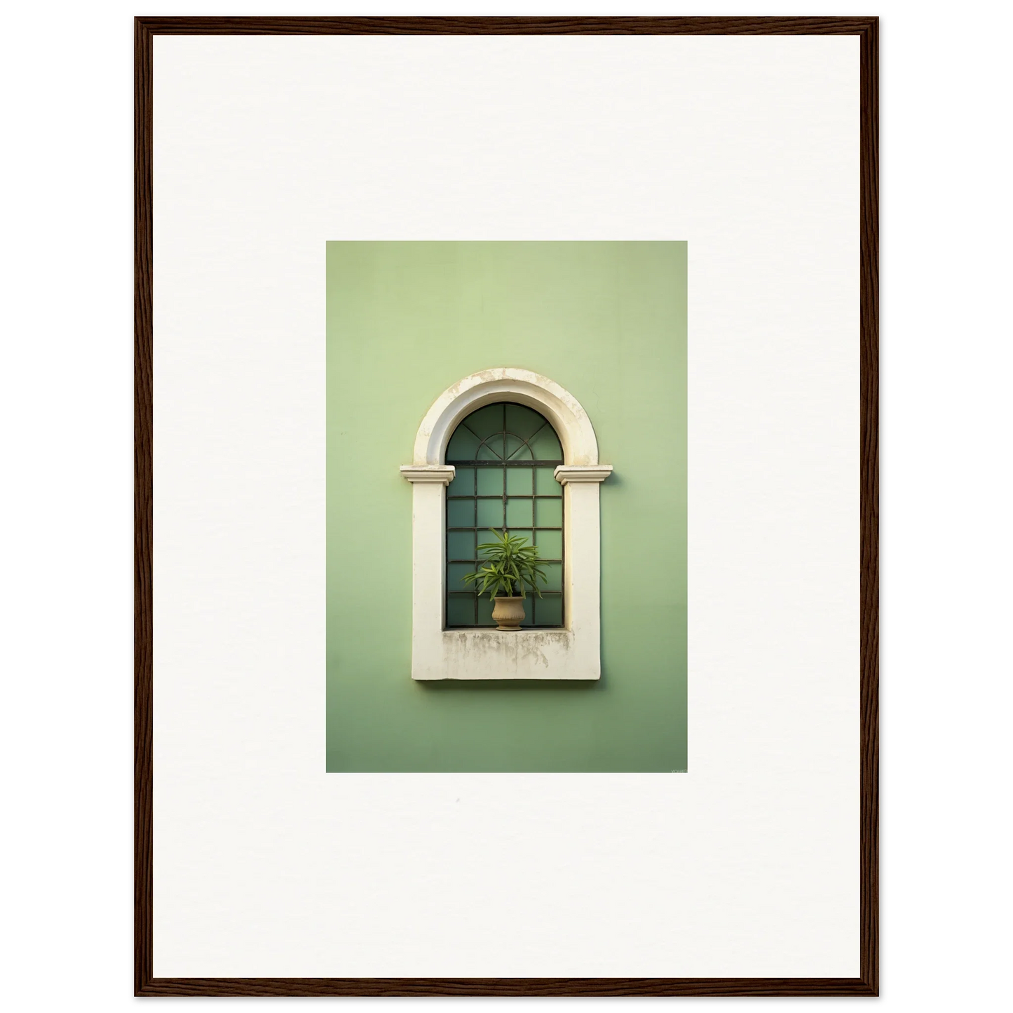 Arched window with white trim and potted plant in Eggshell PandæmonIA Bliss art