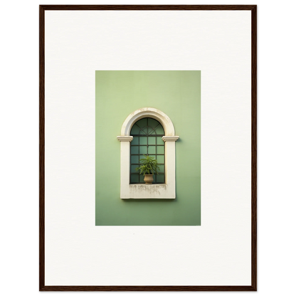 Arched window with white trim and potted plant in Eggshell PandæmonIA Bliss art