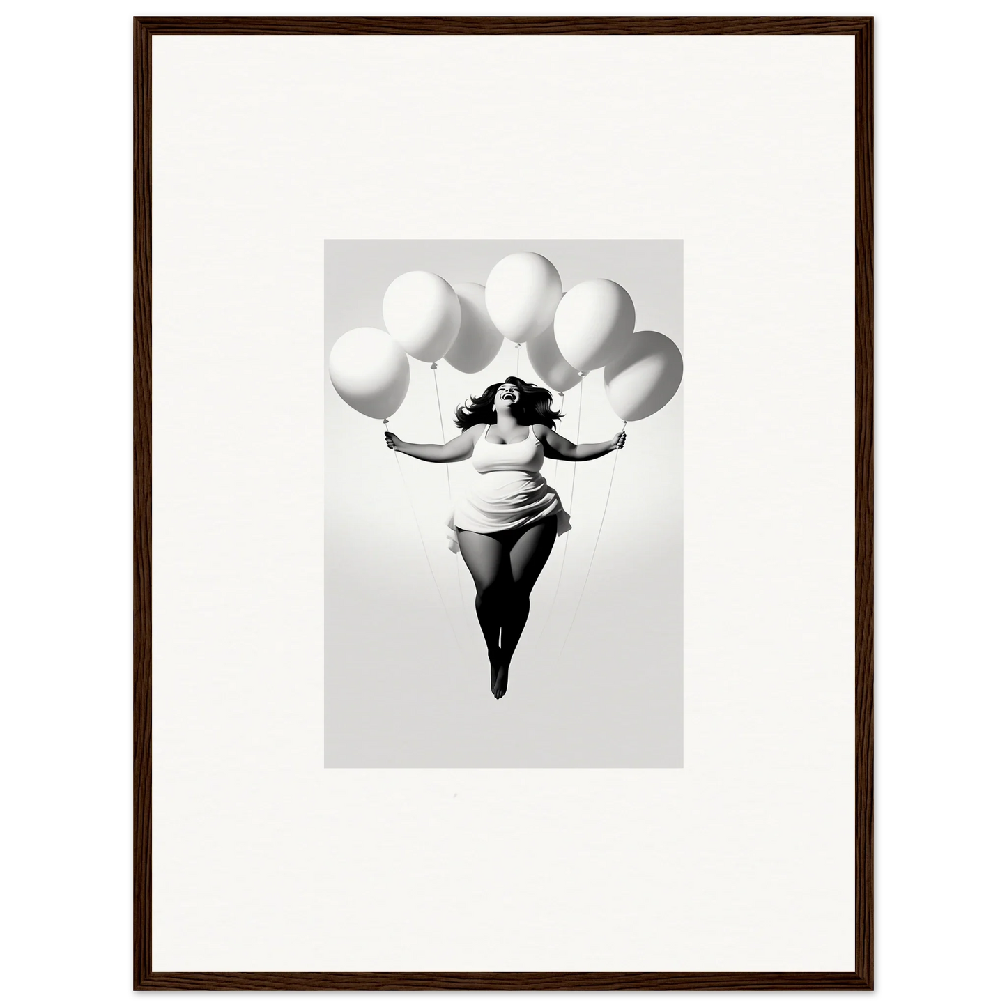 Elegant figure floating with white balloons in Rosy Liberties Soar framed wall art