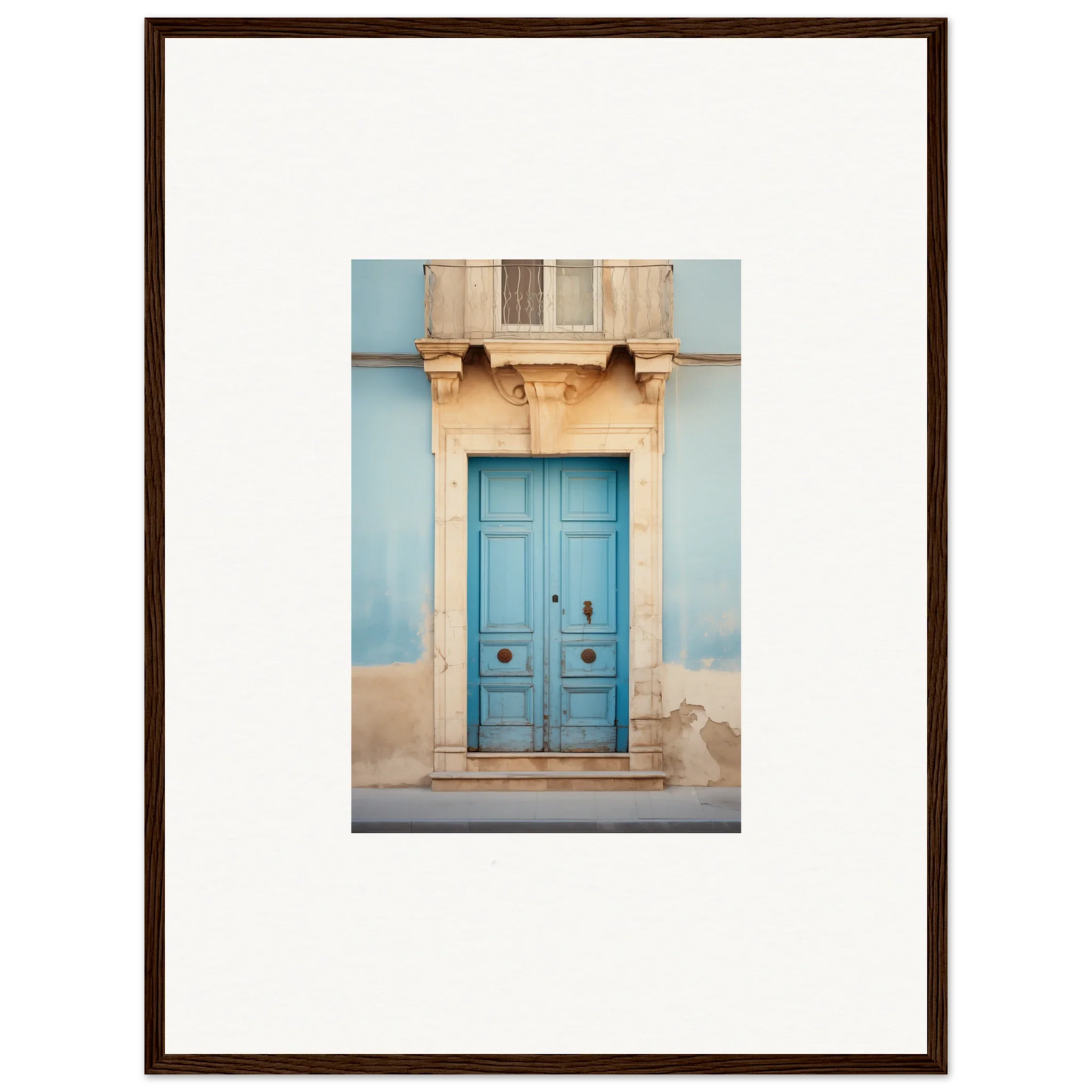 Bright turquoise wooden door with ornate stone trim in Ephemeral Dreamscape Doorway